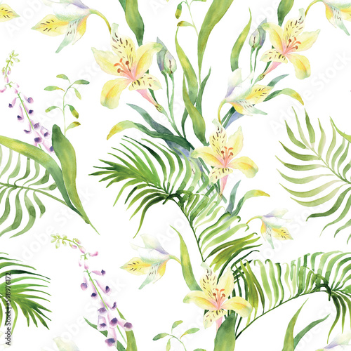 hand painted watercolor green exotic flowers seamless pattern