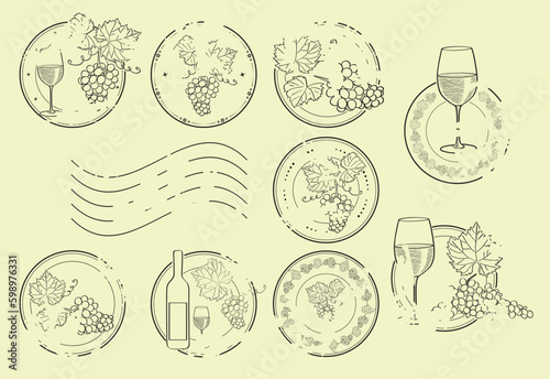Obraz na płótnie grunge postage stamps with grape and wine glass - vector w salonie