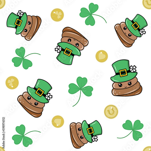 A festive pattern for Patrick's Day with poo in a hat, money and clover