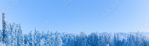 Verschneite Winterlandschaft mit schneebedeckten Tannenbäumen bei Sonnenlicht...