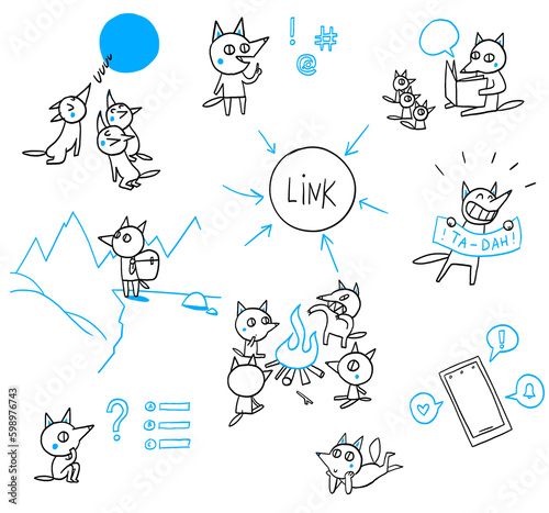Series of Illustrated Icons, Wolves Characters engaging in Social Interaction