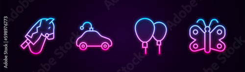 Set line Toy horse, Radio controlled car toy, Balloons and Butterfly. Glowing neon icon. Vector