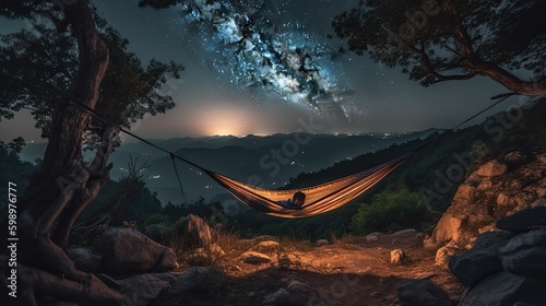 Tranquil Retreat: Finding Calm and Relaxation in a Hammock in Nature by Generative AI © jambulart