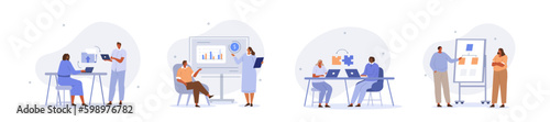 Business people illustration set. Characters working at office, communicating, adding sticky notes on a whiteboard and collaborating with colleagues and clients on project. Vector illustration.

