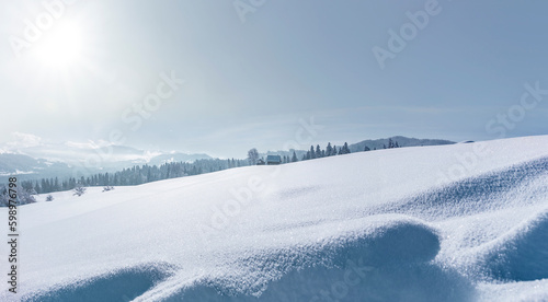 Verschneite Winterlandschaft mit schneebedeckten Tannenbäumen bei Sonnenlicht und blauem Himmel © by-studio