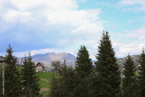 eco trip with a beautiful view of the forests and mountains with green Christmas trees, forest paths and wooden fences and houses in the distance. for postcards, headpieces, flyers, advertisements for