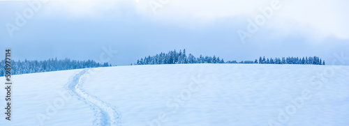 Verschneite Winterlandschaft mit schneebedeckten Tannenbäumen bei Sonnenlicht...