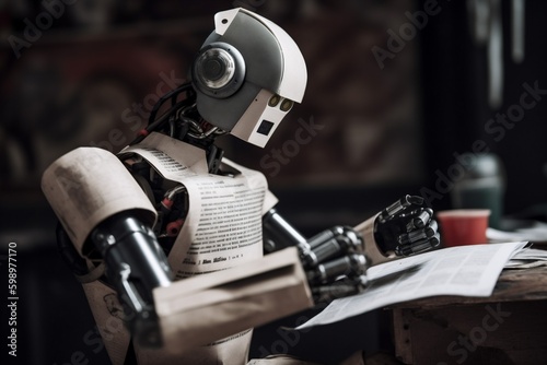 artificial robot ai hand digital document office technology laptop paper. Generative AI. Generative AI