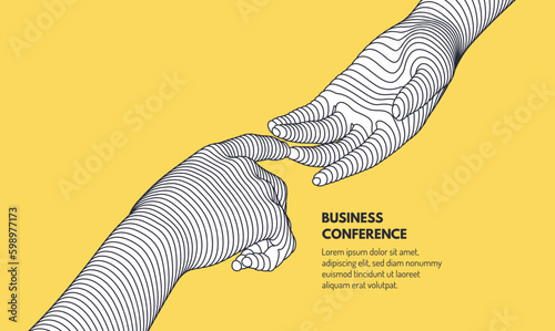 Business event invitation template. Hands reaching towards each other. Concept of human relation or partnership. Illustration for online courses, master class, seminar, presentation or webinar.