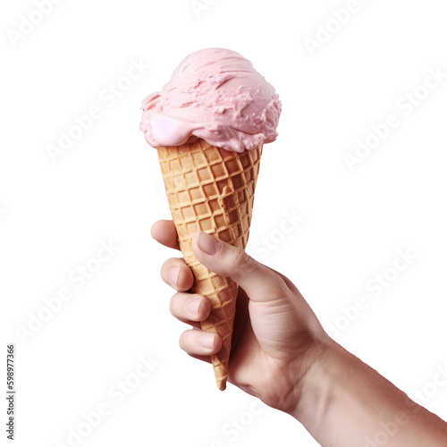 A man holds an ice cream in his hand. Isolated background. Generative AI