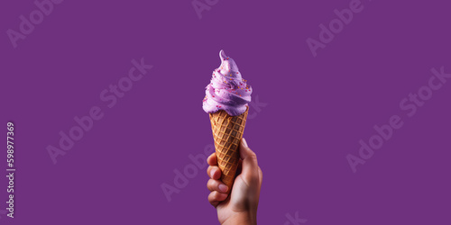 A man holds an ice cream in his hand on a purple background, empty space for text. Generative AI