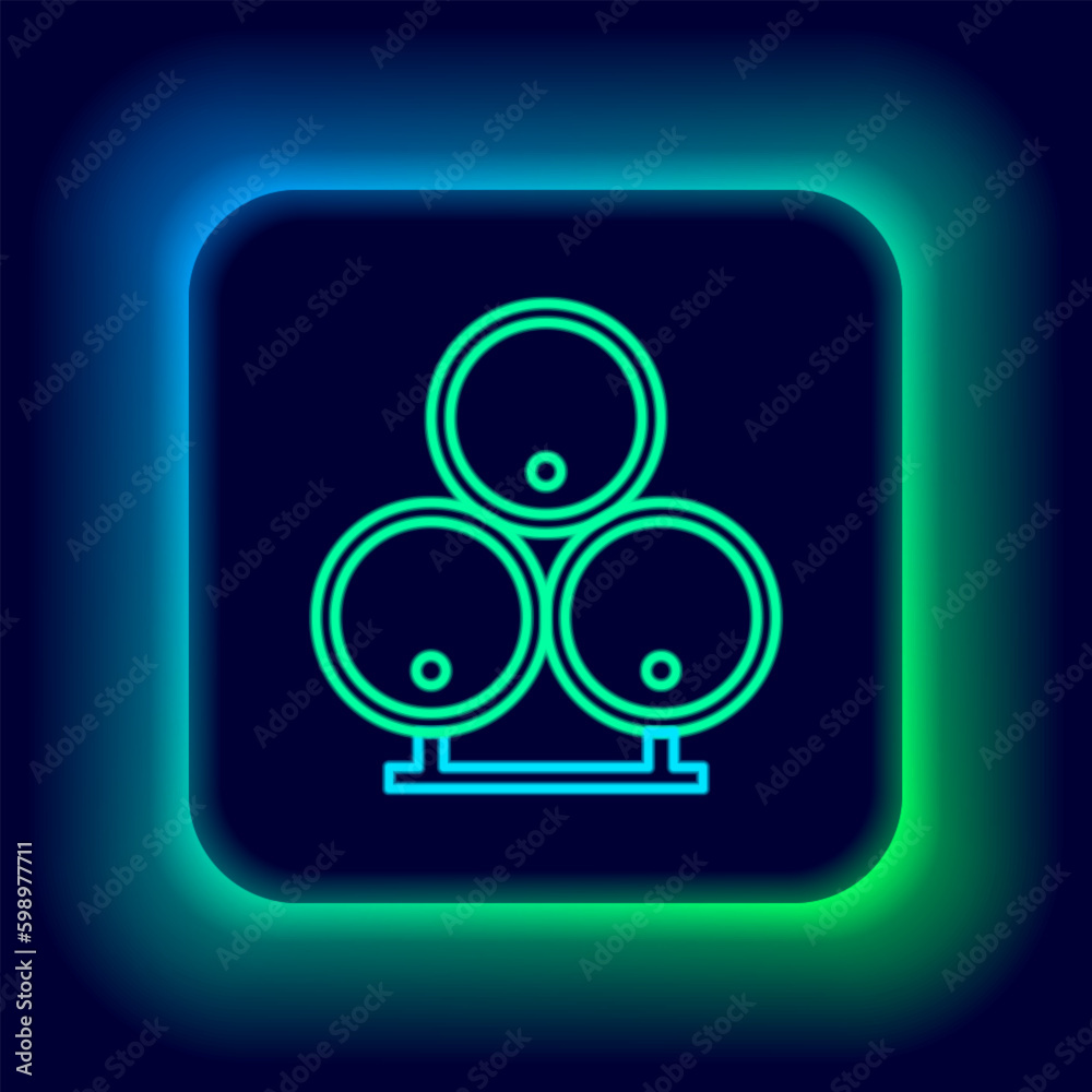 Glowing neon line Wooden barrels icon isolated on black background. Alcohol barrel, drink container, wooden keg for beer, whiskey, wine. Colorful outline concept. Vector Glowing neon line Wooden barrels icon isolated on black background. Alcohol barrel, drink container, wooden keg for beer, whiskey, wine. Colorful outline concept. Vector