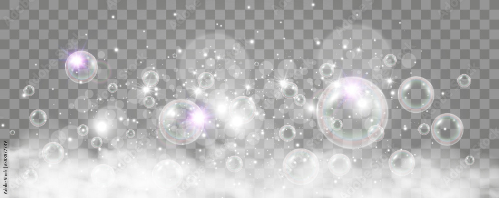 Fototapeta premium Air bubbles on a transparent background. Soap foam vector illustration.