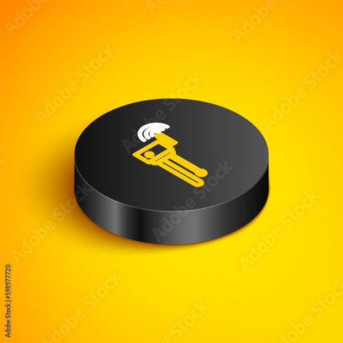 Isometric line Router and wi-fi signal symbol icon isolated on yellow background. Wireless ethernet modem router. Computer technology internet. Black circle button. Vector