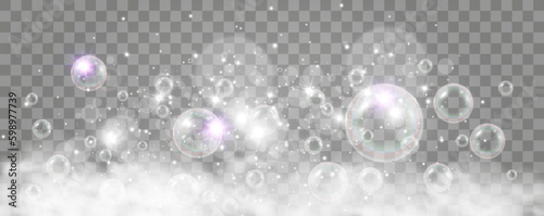 	
Air bubbles on a transparent background. Soap foam vector illustration.	

