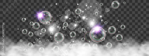 	
Air bubbles on a transparent background. Soap foam vector illustration.	
