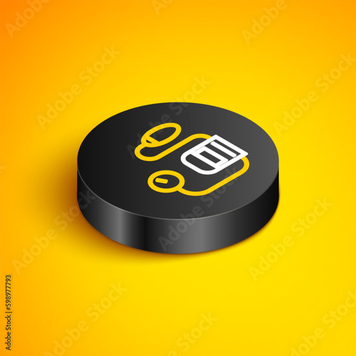 Isometric line Blood pressure icon isolated on yellow background. Black circle button. Vector