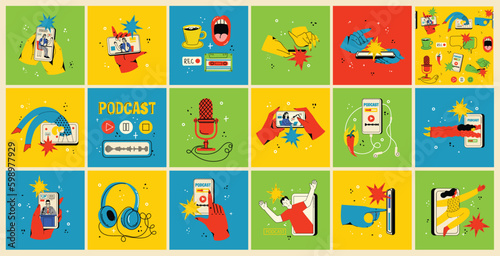 Concept of watching video online, podcast, talk show, tv application, live streaming. Hand holding smartphone with man with microphone on screen. Vector illustration in flat style