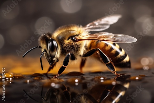 macro honey bee insect nature yellow honey pollen gold closeup background bee. Generative AI. Generative AI