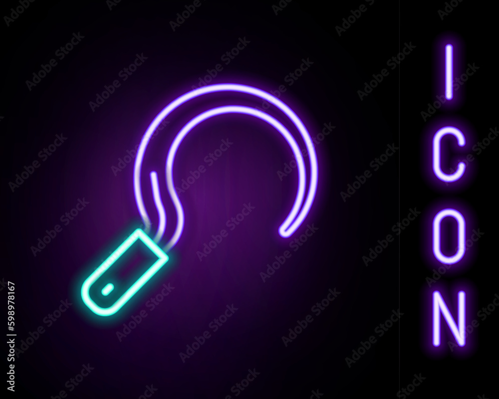 Glowing neon line Sickle icon isolated on black background. Reaping hook sign. Colorful outline concept. Vector Glowing neon line Sickle icon isolated on black background. Reaping hook sign. Colorful outline concept. Vector