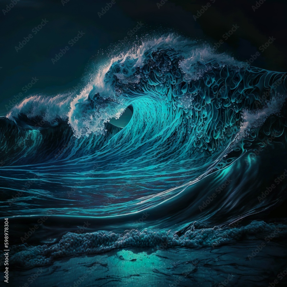 Blue luminescent ocean waves, Big blue waves, Storm waves, Big waves