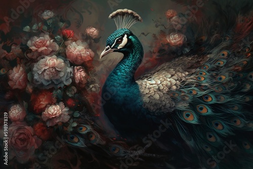 "A Regal Encounter: Peacock Struts among a Stunning Floral Arrangement"Ai