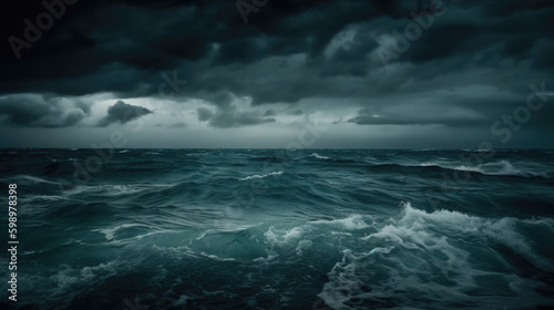 horror storm on the sea with strong waves and stormy clouds. Generative AI