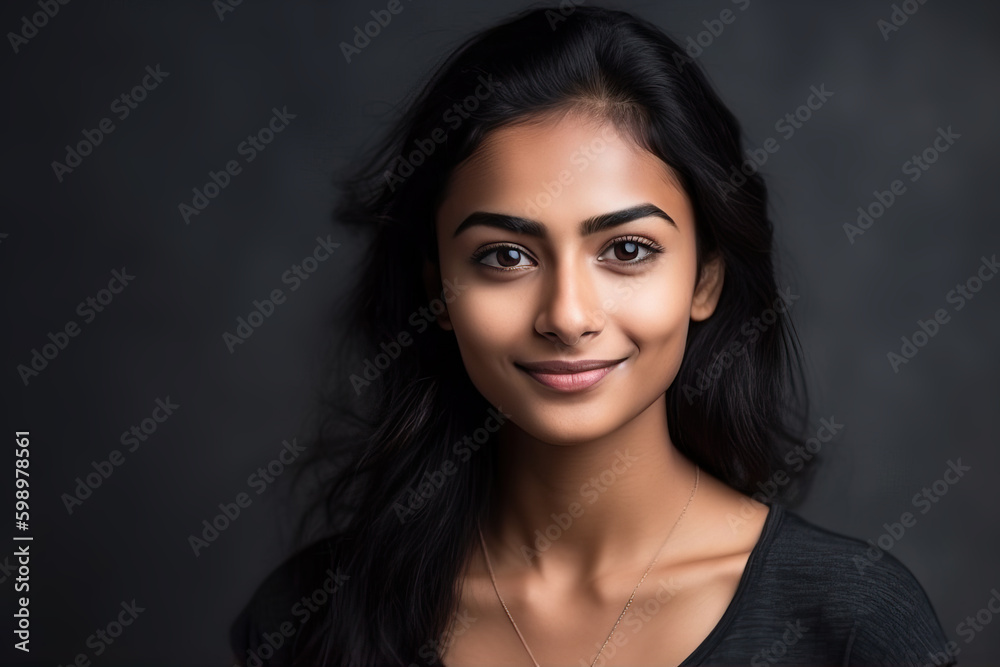 Pretty young Indian woman looking at camera. Composite with different elements made with generative AI