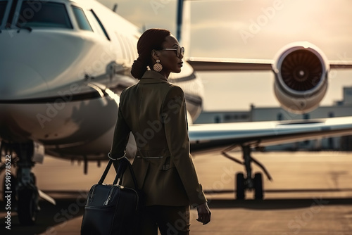 Top executive boarding her private jet at the airport. Composite with different elements made with generative AI