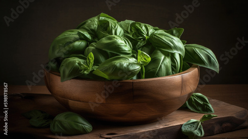 fresh organic basil leaves in a wooden bowl. Generative AI