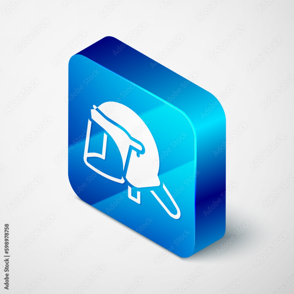 Isometric Police helmet icon isolated on grey background. Military helmet. Blue square button. Vector Isometric Police helmet icon isolated on grey background. Military helmet. Blue square button. Vector