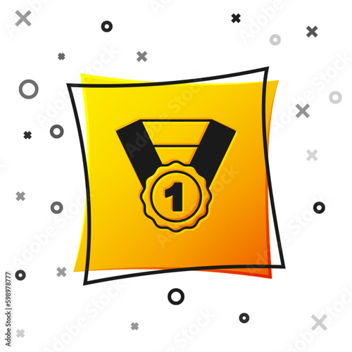 Black Dog award symbol icon isolated on white background. Medal with dog footprint as pets exhibition winner concept. Yellow square button. Vector