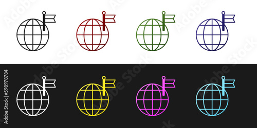 Set Planet with flag icon isolated on black and white background. Victory, winning and conquer adversity concept. Vector