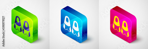 Isometric Rubber flippers for swimming icon isolated on grey background. Diving equipment. Extreme sport. Diving underwater equipment. Square button. Vector