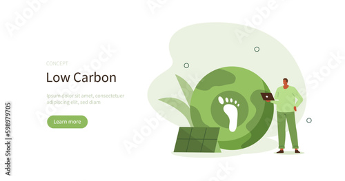 Climate neutralization. Character showing benefits of low carbon industry and renewable energy on environment. Carbon footprint reducing concept. Vector illustration.