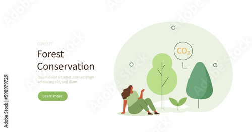 Climate neutralization. Character showing importance of forest conservation on environment. Carbon footprint reducing concept. Vector illustration.