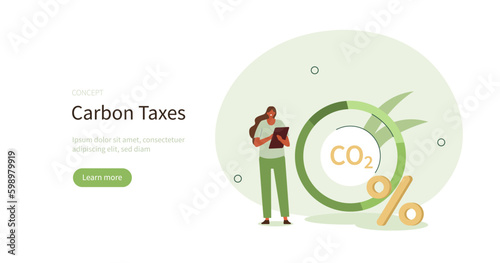Climate neutralization. Character showing benefits of carbon taxes and credits on environment. Carbon footprint reducing concept. Vector illustration.