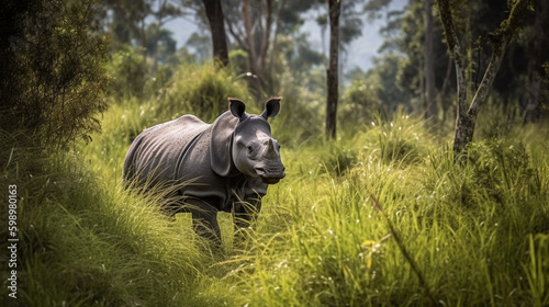 Beautiful One Horned Rhinoceros. Close up photo. Amazing portrait of an awesome rhino. Generative AI photo
