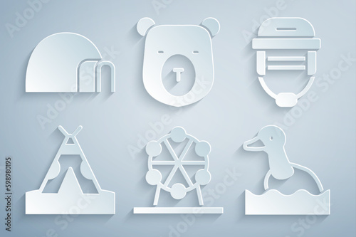 Set Ferris wheel, Hockey helmet, Indian teepee or wigwam, Flying duck, Bear head and Igloo ice house icon. Vector