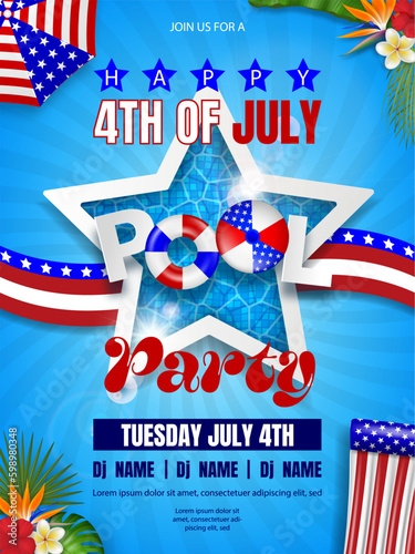 4th of july pool party poster. american independence background with star shaped swimming pool and inflatables