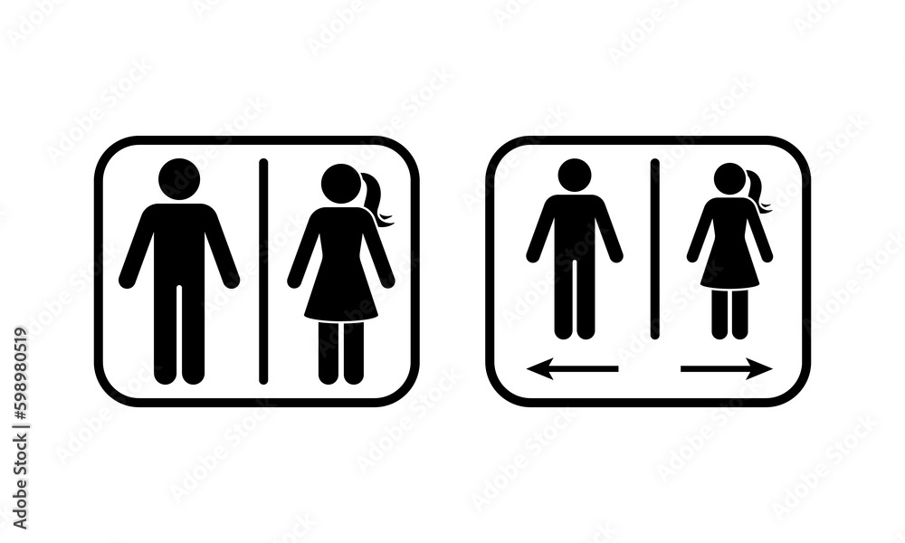 Public toilet man woman arrow direction icon frame pictogram. Restroom access sign symbol male female gender stick figure silhouette vector Public toilet man woman arrow direction icon frame pictogram. Restroom access sign symbol male female gender stick figure silhouette vector
