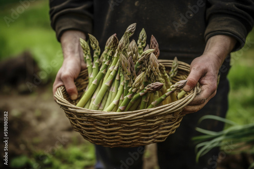 Old woman with a wicker basket is picking asparagus. Generative AI.