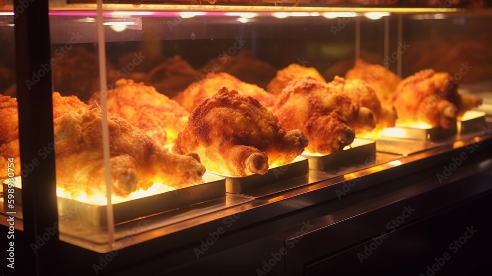 Broasted Chicken on a showcase self of an steak House Broasted Chicken on a showcase self of an steak House