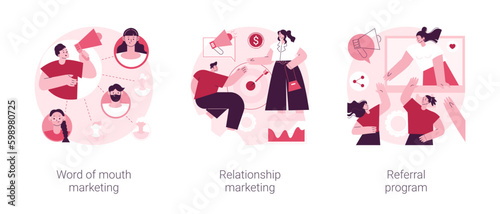 Customer oriented marketing strategy abstract concept vector illustration set. Word of mouth, relationship marketing, referral program, recommendation, brand loyalty, social media abstract metaphor.