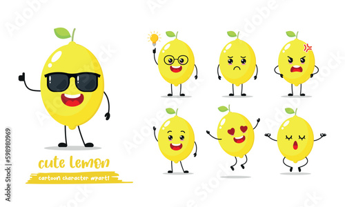 Cute yellow happy lemon wear sunglasses character. Funny fruit emoticon in flat style. Different Face Expression Emoji vector illustration. Healthy vegetarian food