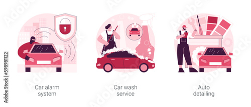 Automobile care service abstract concept vector illustration set. Car alarm system, car wash service, auto detailing, anti-theft, automatic wash, full service, vehicle detailing abstract metaphor.