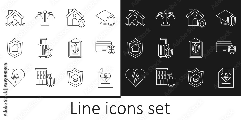 Set line Health insurance, Credit card with shield, Fire burning house, Travel suitcase, House, flood, Document and Scales of justice icon. Vector