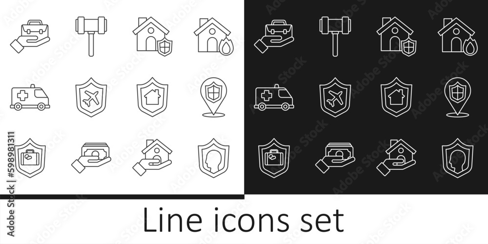 Set line Life insurance with shield, Location, House, Plane, Emergency car, Hand holding briefcase, and Judge gavel icon. Vector