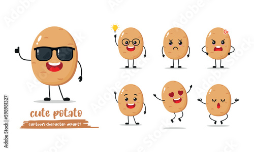 Cute happy potato wear sunglasses set different pose face expression. Funny cartoon food in flat style. Vegetable emoji vector illustration.