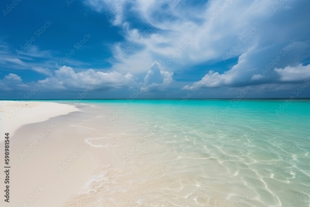 Sand spit of tropical island receding into distance. Fine sunny summer day. generative ai. Sky with light clouds merges with clear water. Beauty of environment. Sand spit of tropical island receding into distance. Fine sunny summer day. generative ai. Sky with light clouds merges with clear water. Beauty of environment.